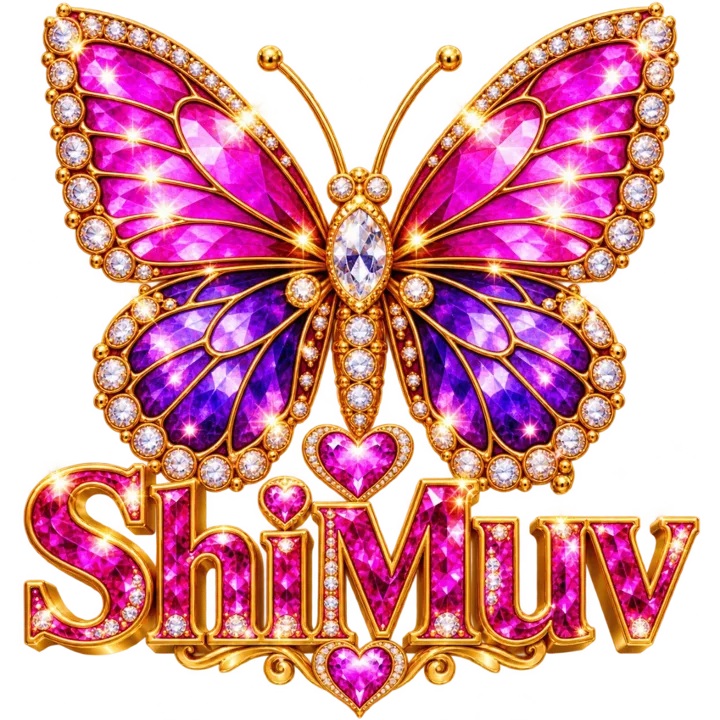A finished design: a jeweled pink and purple butterfly with the word ShiMuv, on a transparent background