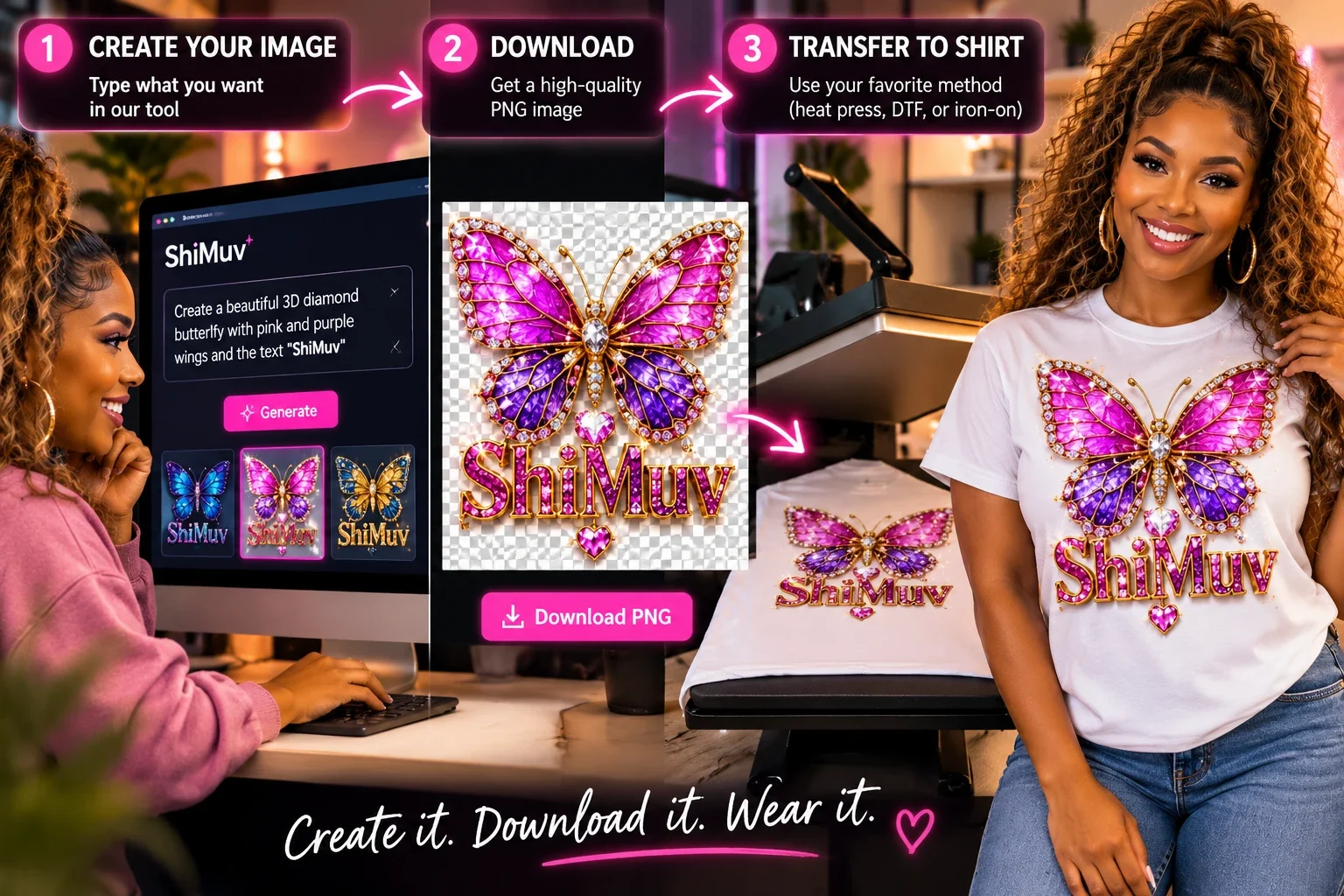 Create a design in ShiMuv, download a print-ready PNG, and transfer it to a shirt
