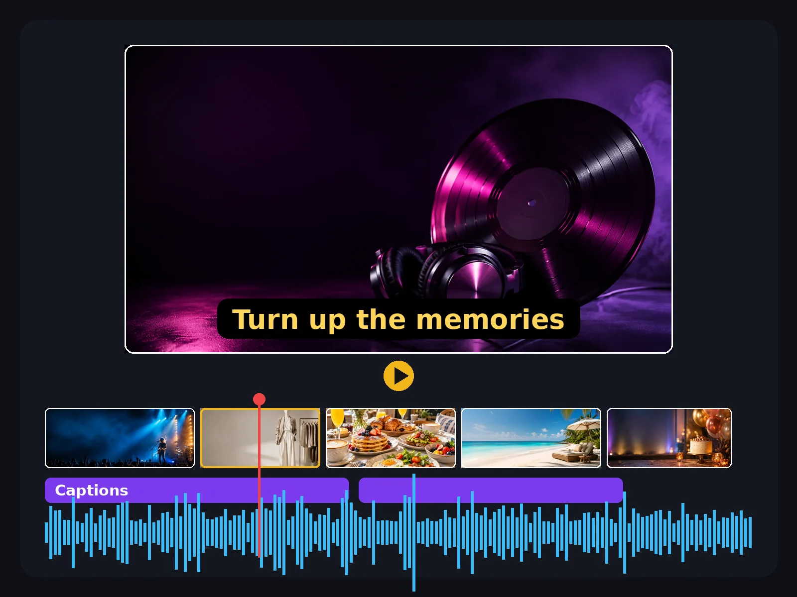 The Edit Hub with a video preview, captions, clips on a timeline and a music waveform