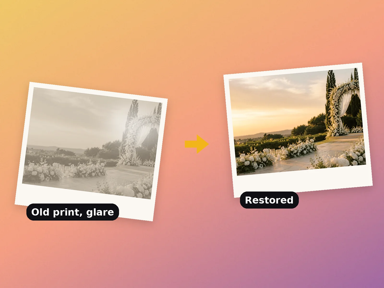 A faded old photo with glare next to the same photo restored in color