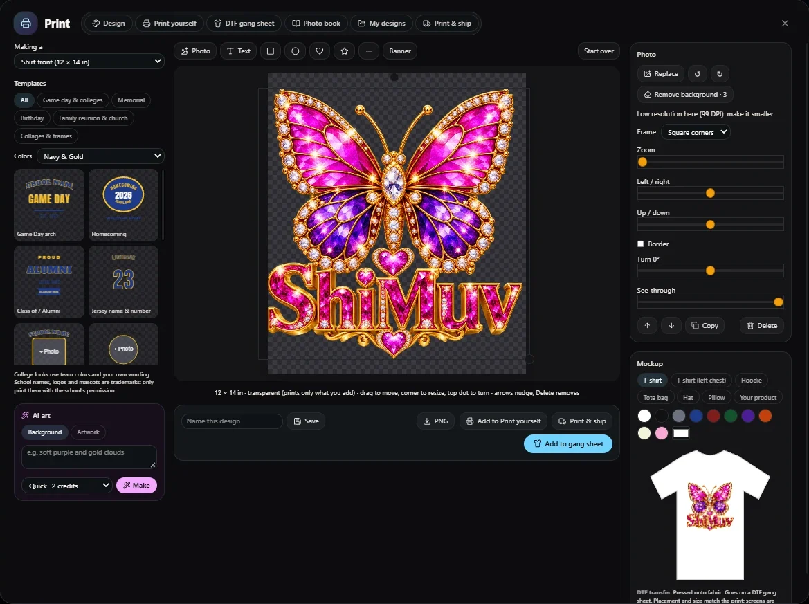 The Print Studio in the Edit Hub, designing a butterfly shirt with a live T-shirt mockup