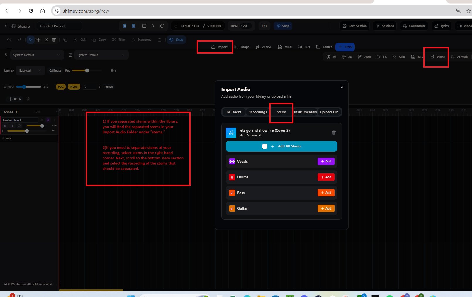 DAW Import Audio — Stems tab showing separated stems ready to add to tracks